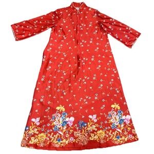 VTG Orange Rust Floral House Coat Robe Grannycore Zip Sz L 3/4 Sleeve